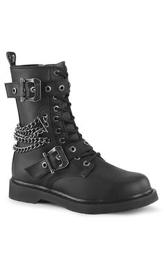 BOLT-250 Black Lace Up Chain Boots-Demonia-Tragic Beautiful Demonia Boots, Alternative Shoes, Combat Boots Men, Rock Boots, Gothic Boots, Demonia Shoes, Dr Shoes, Leather Knee Boots, Punk Boots