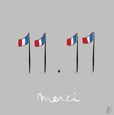 three flags with the word merci written in white and red on them, against a gray background