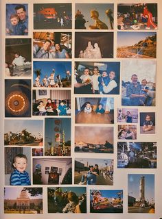 a collage of photos with people and buildings in them is displayed on a wall