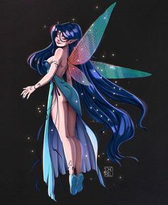 a fairy with blue hair and wings is standing in the air while holding her hand out