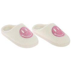 Size: Women's Small (7/8) Material: Fabric, Foam & Plastic Color: Ivory, White & Pink Quantity: 1 Pair Keep those chilly toes nice and warm all winter long with these Pink Smiley Face Slippers! These adorable retro slippers have a soft white body with a pink embroidered smiley face on top. Plus, each face has a glittery finish that adds extra sparkle. Wear these comfy slippers yourself, or give them as a present to a loved one this holiday season! White Synthetic Slippers For Leisure, White Flat Slippers For Winter, Trendy Indoor Winter Slippers, Cute White Slippers For Leisure, Trendy White Synthetic Slippers, Trendy White Indoor Slippers, Casual Cream Slippers For Winter, Casual Cream Winter Slippers, Comfy White Slippers For Leisure