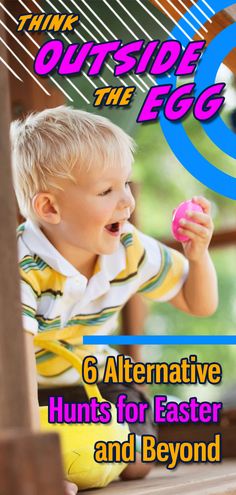 a young boy holding a pink donut in his hand with the title think outside the egg 6 alternative hints for easter and beyond