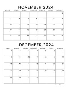 two calendars for november and december with the holidays in each month on one page