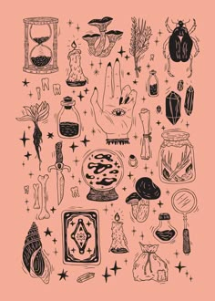 an image of hand drawn objects on a pink background