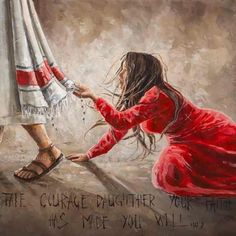 a painting of a woman kneeling down next to a man holding an umbrella with words written on it