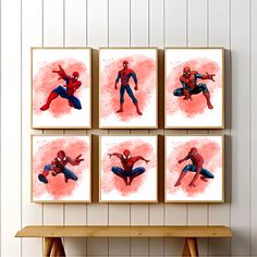 four spider - man prints are hanging on the wall above a wooden bench in front of a white paneled wall