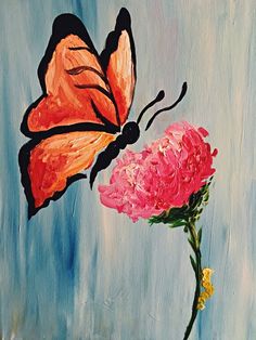 a painting of a butterfly flying over a pink flower