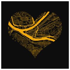 a heart shaped map in yellow and black, with the shape of a city's streets