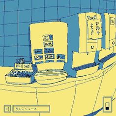 a blue and yellow drawing of a counter with various items on it, including boxes