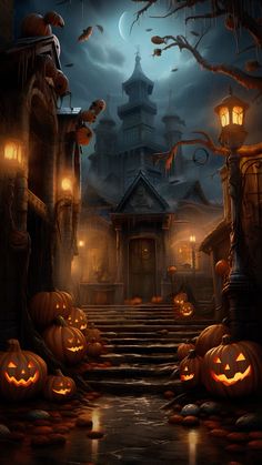 a halloween scene with pumpkins on the steps in front of a creepy castle at night