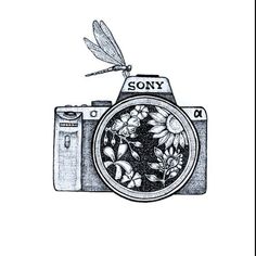 a drawing of a camera with a dragonfly on top