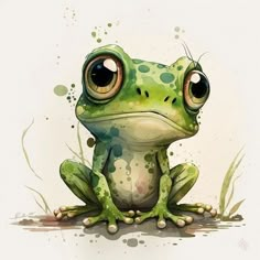 a green frog with big eyes sitting on the ground in front of some watercolor spots