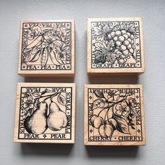 four rubber stamps with fruit and vegetables on them