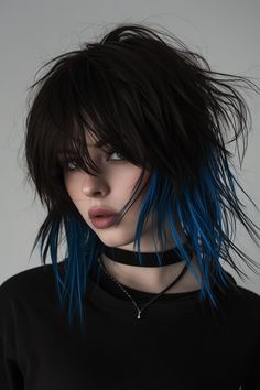 Black And Colored Hair Ideas, Dyed Hair Alternative, Choppy Grunge Hair, Gothic Haircuts Short, Edgy Updos For Medium Length Hair, Witchy Hair Styles, Blue Hair Color Ideas For Short Hair, Blue Hair Ideas Short, Shoulder Length Alternative Hair