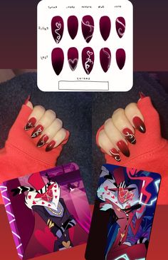 Alastor Nails, Helluva Boss Nails, Hazbin Hotel Nails, Hazbin Hotel Valentino, Valentino Hazbin, Angel Nails, Fake Nails Designs, Asian Nails