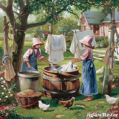 two women washing clothes in an old - fashioned wooden barrel, with chickens around them