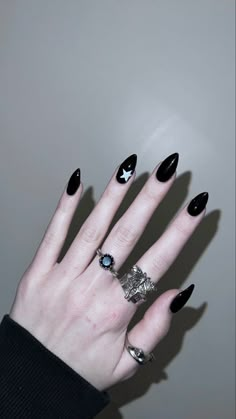 Star, nails, acrylic nails, star nails, rings, hands, black nails Alt Nails Acrylics Simple, Alt Nails Simple, Black Alt Nails, Black Star Nails Acrylic, Black And Silver Star Nails, Pointy Nails Black, Nail Inspo Alt, Mini Almond Nails, Black Nails Stars