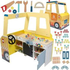 an assortment of toys and tools are shown in this image