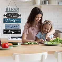 a woman and child are cutting vegetables on the kitchen counter top with words above them