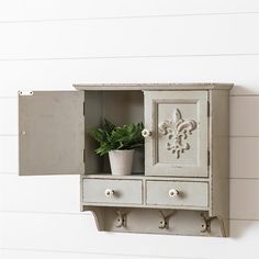 an old cabinet with a potted plant in it and two hooks on the wall