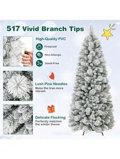 a white christmas tree with snow on it and instructions for how to decorate the branches