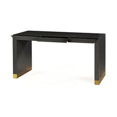 a black and gold desk with two drawers on the top, against a white background