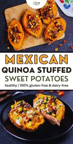 mexican quinoa stuffed sweet potatoes on a black plate with the title overlay