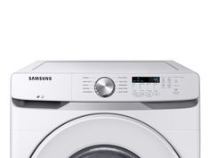 the front view of a samsung washing machine with its door open, on a white background