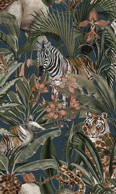 an animal themed wallpaper with zebras, tigers and tropical plants on a dark blue background