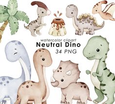 watercolor clipart dinosaurs with different shapes and sizes, including the one in the middle