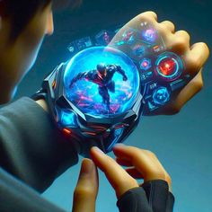 a person holding a futuristic watch in their hands