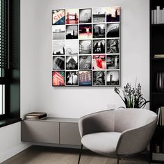 a living room filled with furniture and lots of pictures on the wall next to a window