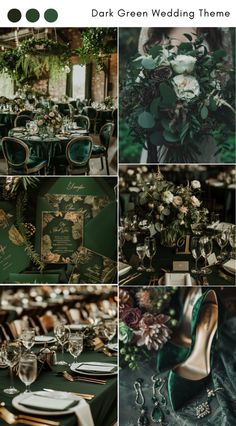 green wedding theme with gold accents and greenery in the center is an elegant color scheme