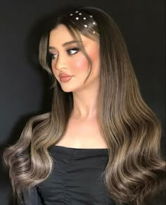 Simple Long Hair Prom Hairstyles, Fancy Hair Aesthetic, Hairstyle For Long Dresses, Hairstyles For Weedings, Soft Hairstyles For Wedding, Cute Wave Hairstyles, Cute Hairstyles For Quinceanera Guest, Bedazzled Hairstyles, Wedding Hair Styles For Bridesmaids