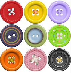 six different colored buttons with holes in the middle and two on each button, one has a butterfly