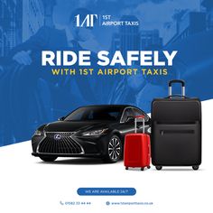 an advertisement for a taxi service with luggage next to a black car and red suitcase