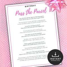 a pink birthday card with the words,'pass the parcel '