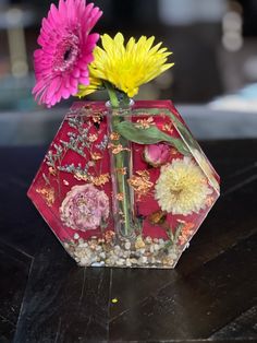 two flowers in a glass vase on a table