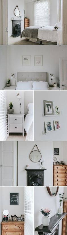 many different pictures of a bedroom with white walls and wood furniture, including a bed