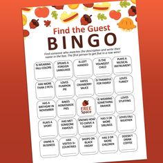 a printable game with the words find the guest, and an image of food on it