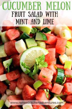 watermelon and cucumber melon fruit salad with mint and lime