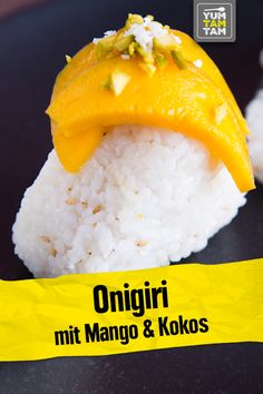 there is rice and mango on top of each other with the words omgiri