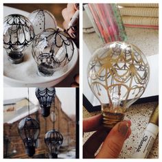 three different pictures of light bulbs with wire wrapped around them and some writing on the table