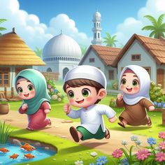 three muslim children playing in the park