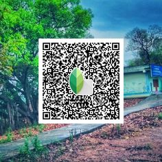 an image of a qr code on the side of a building with trees in the background