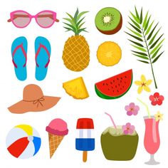 an assortment of beach items including pineapple, watermelon and sunglasses