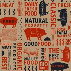 an image of various farm related items in red, white and blue on a beige background