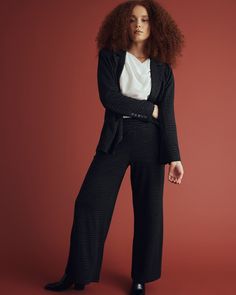 Stephanie Wide Leg Ponte Pants - Storm Houndstooth | Universal Standard Tailored Houndstooth Bottoms For Fall, Houndstooth Pattern Pants For Workwear, Straight Houndstooth Pants For Workwear, Straight Pants With Houndstooth Pattern For Workwear, High-waisted Houndstooth Pants For Work, High-waisted Houndstooth Workwear Pants, Houndstooth High-waisted Pants For Work, Elegant High-waisted Houndstooth Pants, Black Houndstooth Pants For Office