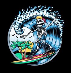 a skeleton surfer riding a wave on his surfboard in the ocean with palm trees