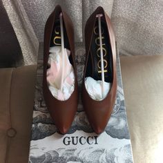 Brand New Chocolate Brown Gucci Heels 36.5. Will Ship With Box. Gucci Block Heels In Calf Leather, Gucci Calf Leather Block Heels, Gucci Block Heel Calf Leather Heels, Gucci Pointed Toe Heels With Padded Heel, Gucci Pointed Toe Heels For Work, Gucci Almond Toe Heels For Office, Gucci Heels With Padded Heel And Pointed Toe, Gucci Block Heels For Office, Gucci High Heel Calf Leather Heels